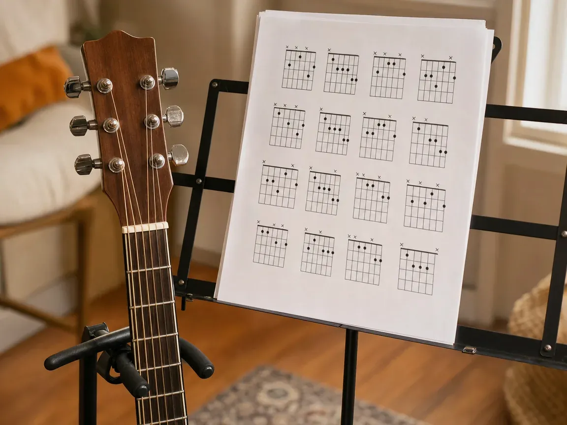 Accords guitare pour gaucher imprimés sur un pupitre