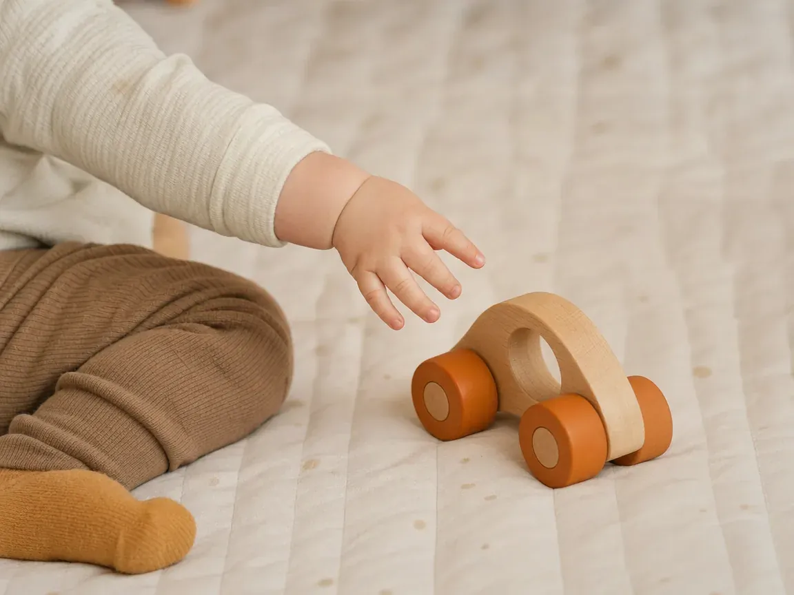 Bébé gaucher qui attrape un jouet de la main gauche