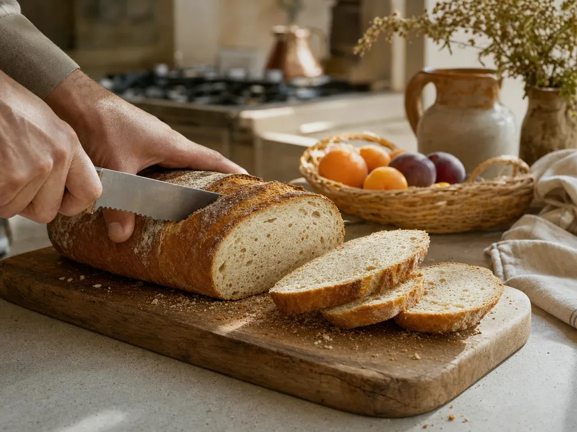 Couteau pour gaucher : une main gauche tranche du pain