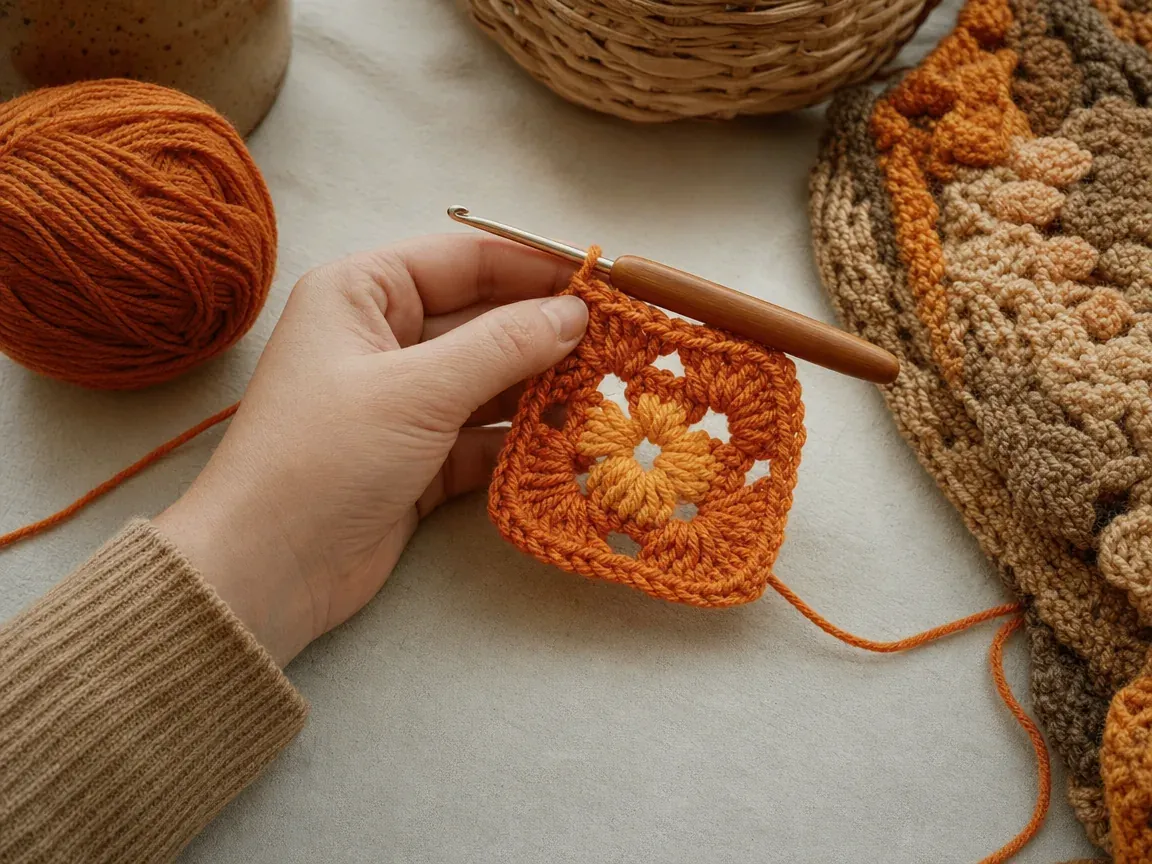 Crochet gaucher : une main gauche crochète une laine orange