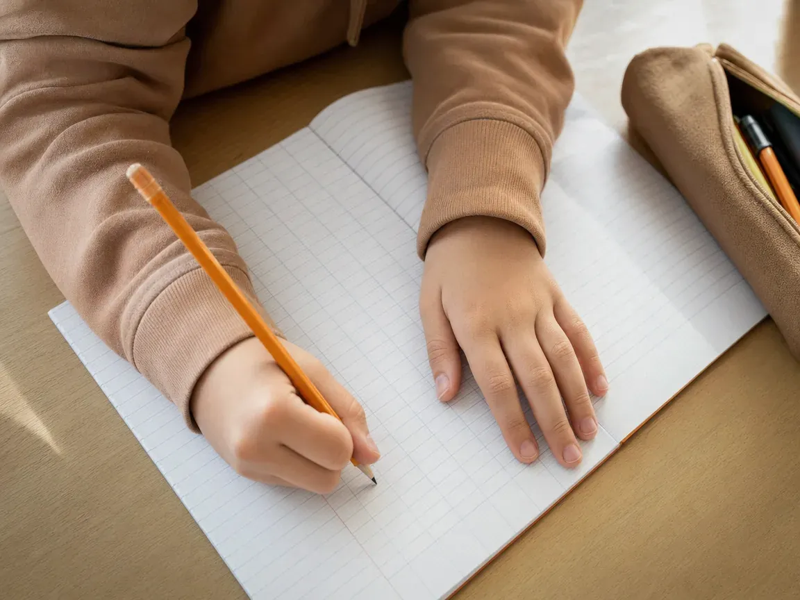 Enfant gaucher qui écrit dans un cahier Seyès, feuille inclinée vers la droite