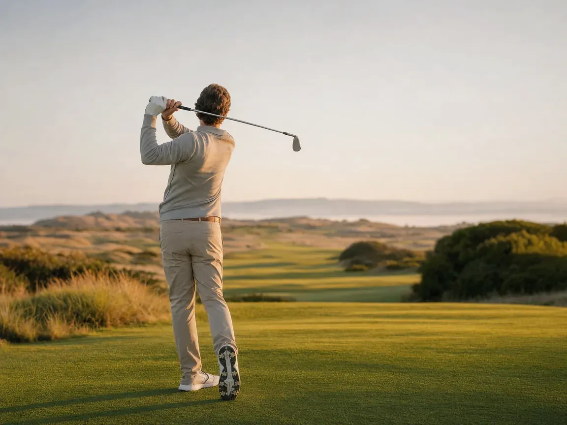 Golfeur gaucher en fin de swing sur un fairway