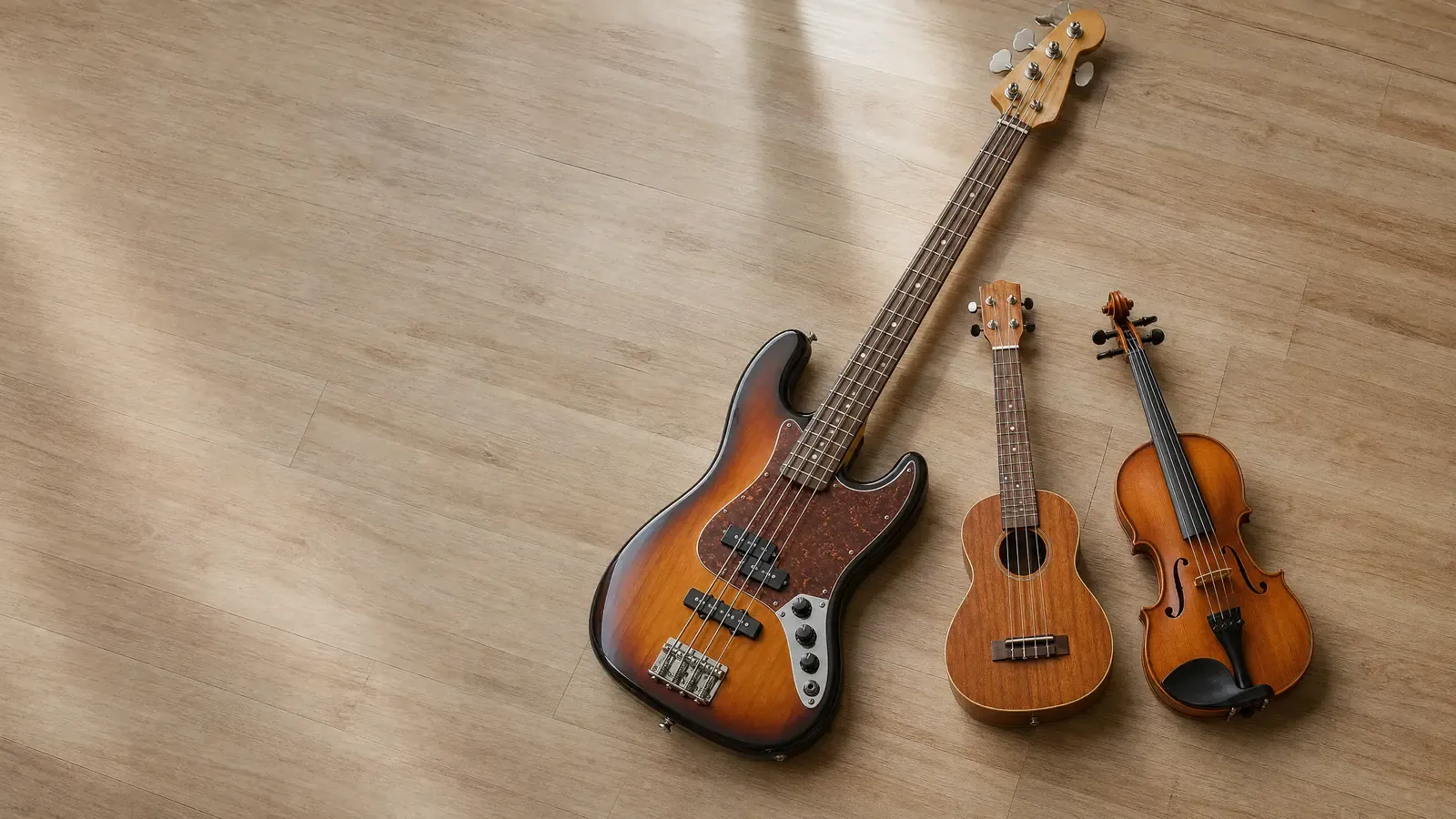 Instruments de musique pour gaucher : basse, ukulélé et violon