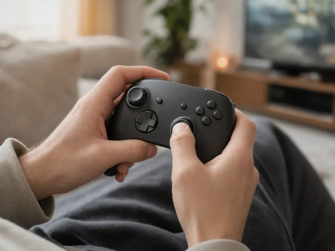 Manette gaucher : une manette de jeu tenue à deux mains sur un canapé