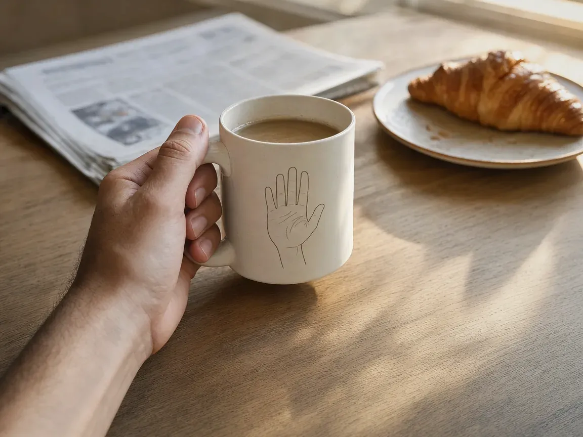 Tasse gaucher : un mug tenu de la main gauche, le dessin tourné vers soi