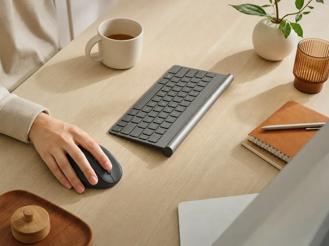Souris pour gaucher posée à gauche du clavier