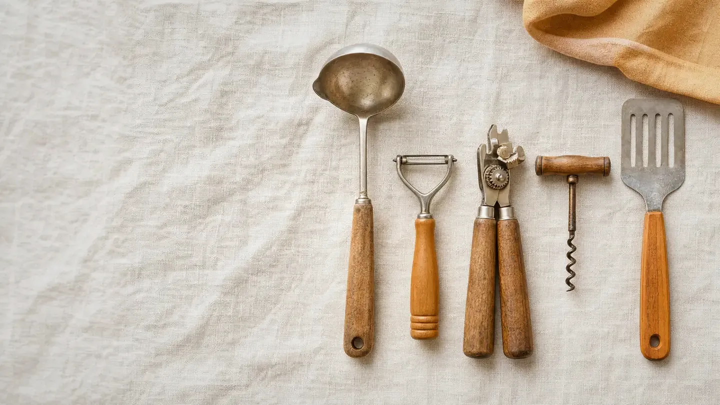 Ustensiles de cuisine pour gaucher sur un torchon de lin
