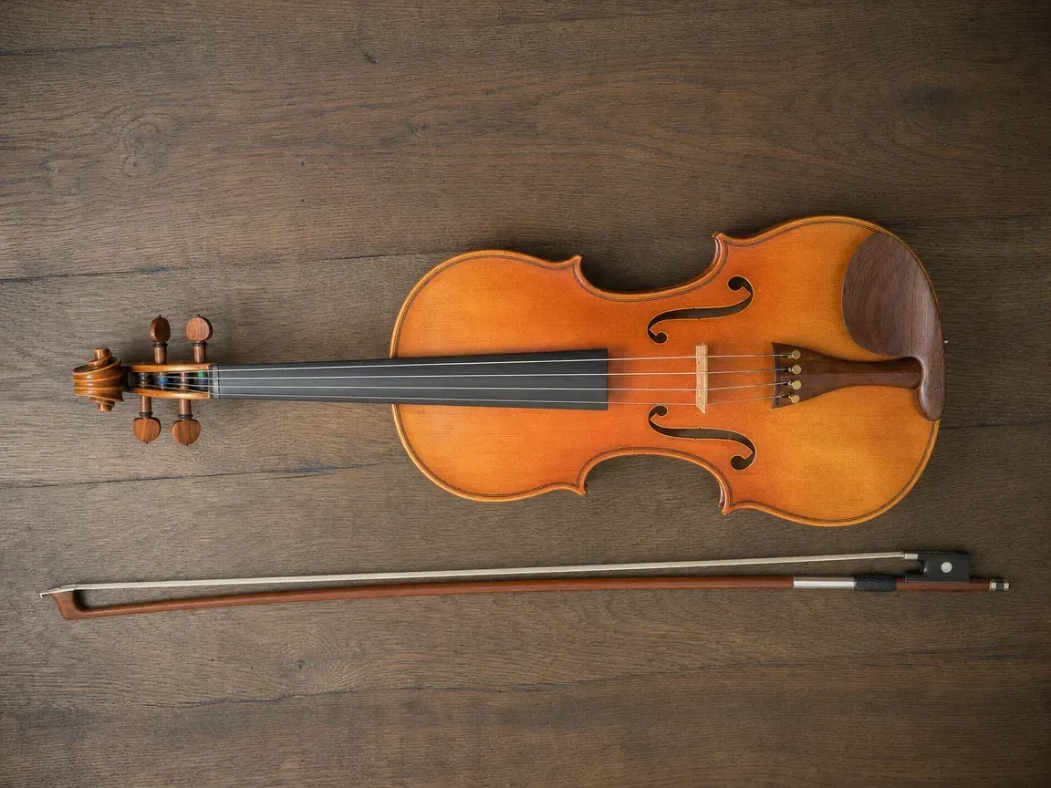 Violon gaucher et son archet : la mentonnière montée de l'autre côté du cordier